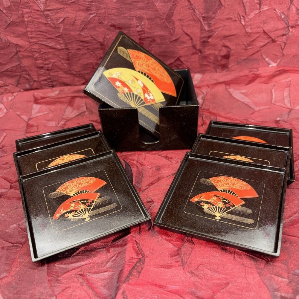 Vintage Yamanaka Black Lacquerware Wood Coasters Hand Painted Fans Japan 7pc EUC